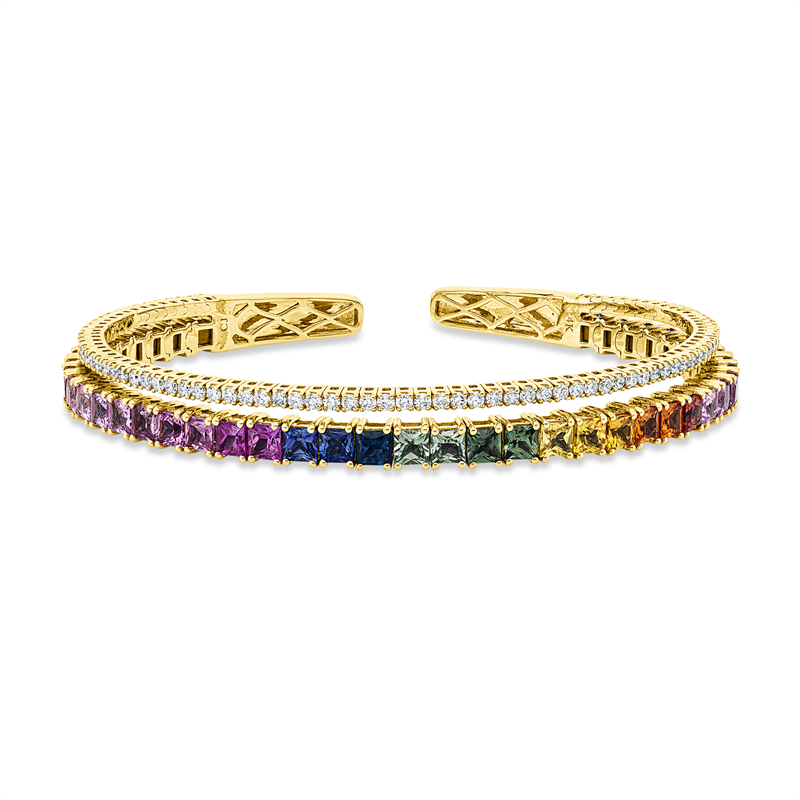 Image 90009379 - Armreif 14 kt GG, 85 Brillanten 1,23 ct, TW-si, 43 Saphire 8,96 ct fancy, H:50,0 mm, ...