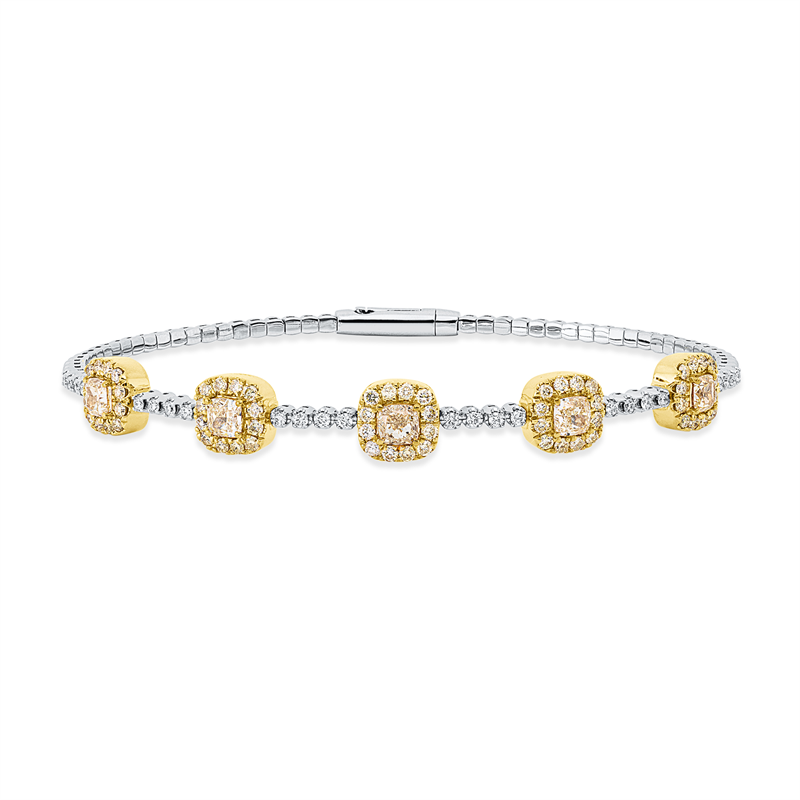 Image Armreif 950 Pt GP, 60 Brillanten 0,71 ct, gelb-si, 5 Cushion 1,51 ct, gelb-vsi, 24 ...